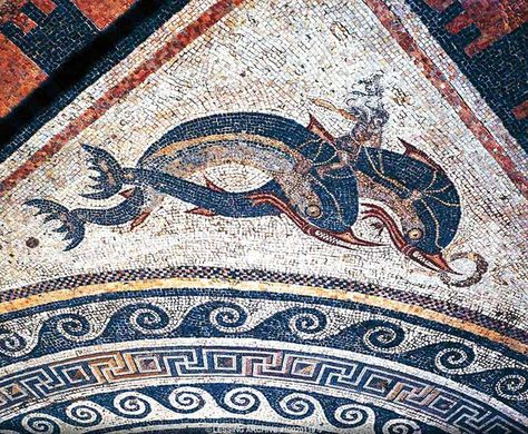 Beautiful dolphin mosaic on the deserted Greek island of Delos. Mosaic Dolphin, Greek Dolphin, Opus Vermiculatum, Delos Greece, Dolphins Mosaic, Sea Murals, Cair Paravel, Greece Architecture, Art Modeling