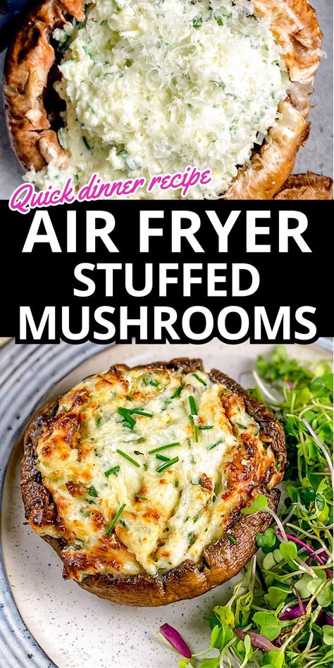 Baby Bella Mushroom Recipes, Air Fryer Stuffed Mushrooms, Recipes For Air Fryer, Portabella Mushrooms Recipes, Baked Mushrooms, Stuffed Mushroom, Stuffed Portabella Mushrooms, Air Fryer Dinner Recipes, Air Fryer Healthy