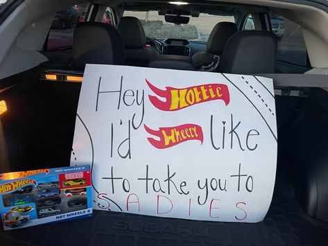 Racing Promposal Ideas, Hotwheels Promposal Ideas, Promposal Signs Funny, Hotwheel Promposal, Hot Wheels Dance Proposal, Sady Hawkins Proposals, Hot Wheels Promposal Ideas, Posters For Sadies Dance, Hot Wheel Promposal