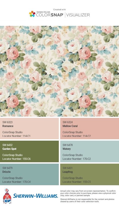 I just created this color palette with the Sherwin-Williams ColorSnap® Visualizer app on my Android phone. What do you think? You can learn more about ColorSnap Visualizer and get it on your phone free by visiting https://www.sherwin-williams.com/content/colorsnap.html. House Wall Color Palette, Sunroom Color Palette, Soft Floral Color Palette, Granny Chic Color Palette, Cottagecore House Color Scheme, French Countryside Paint Colors, Cutesy Color Palette, Bathroom Color Schemes Pink, Cottagecore Bedroom Color Palette