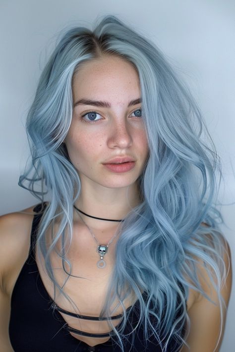 #fashion, #style, #outfitinspiration, #beauty Periwinkle Hair Dark Roots, Light Blue Hair Ideas, Light Blue Money Piece Hair, White Hair With Blue Highlights, Greyish Blue Hair, Platinum Blue Hair, Sky Blue Hair Color, Gray Blue Hair, Light Blue Hair Color