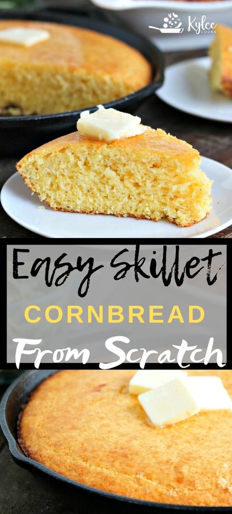 Fluffy and Golden, this Skillet Cornbread is a cinch to make, and is a fantastic side for any meal! #skillet #cornbread #homemade #recipe #kyleecooks