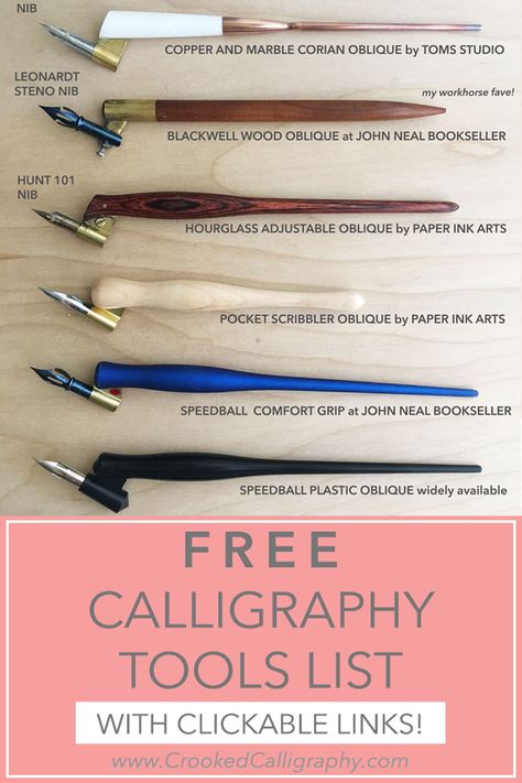 A detailed, clickable list of my favorite modern calligraphy tools, including calligraphy pens, pointed nibs, calligraphy inks and papers! With descriptions and links so you know exactly where to buy them. A must-have for calligraphy beginners. Calligraphy Beginners, Best Calligraphy Pens, Calligraphy Writing Styles, Learn Modern Calligraphy, Hand Lettering For Beginners, Calligraphy Tools, Pointed Pen Calligraphy, Calligraphy Lessons, Calligraphy Supplies