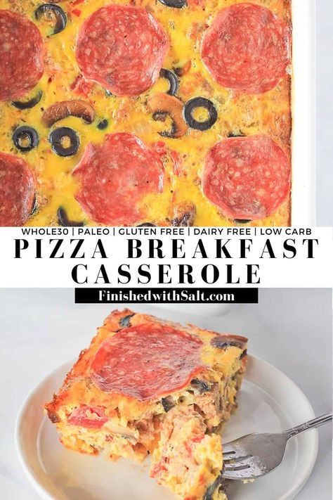 This delicious Pizza Breakfast Casserole is filled with all the classic pizza toppings you love baked right into the eggs. It's the perfect Whole30 make ahead breakfast that smells just like pizza coming out of the oven. Whole 30 and Paleo, this breakfast is sure to please the whole family! #finishedwithsalt #whole30breakfast #whole30recipes #pizzacasserole #paleo #healthy | finishedwithsalt.com Whole 30 Pizza, Ww Treats, 2023 Meals, Pizza Breakfast, Egg Bakes, Dinners Ideas, Whole30 Breakfast, Salt Recipes, 30 Diet