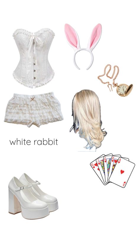 White Halloween Costume Woman, Bunny Costume Alice In Wonderland, White Corset Top Halloween Costume, Queen Of Hearts And White Rabbit Costume, White Themed Halloween Costumes, Alice And White Rabbit Costume, Halloween Costumes With White Corset, White Bunny Halloween Costumes, Halloween Costumes With White Dress