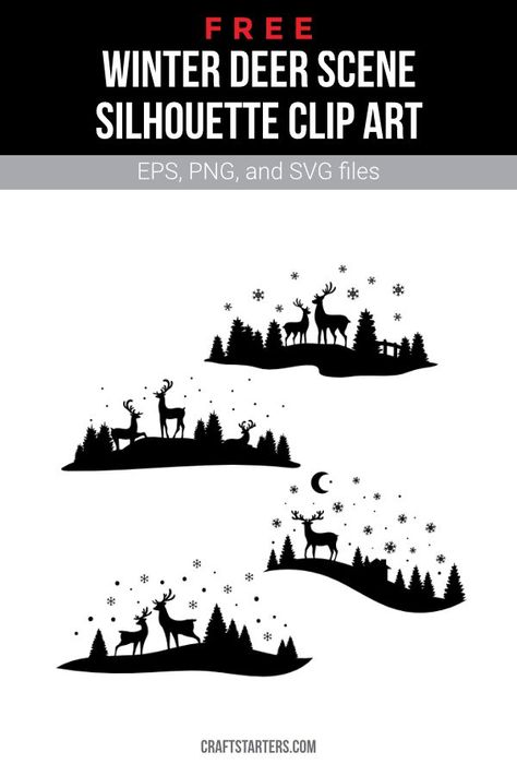 Winter Deer Silhouette, Winter Scene Svg Free, Winter Scene Silhouette, Christmas Scene Silhouette, Winter Silhouette Scene, Free Deer Svg Files For Cricut, Christmas Deer Silhouette, Christmas Silhouette Images Free, Free Winter Svg Files For Cricut