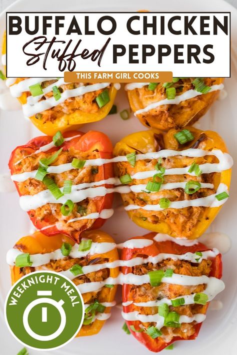 Easy Dinners For Two Healthy Simple, Buffalo Chicken Bake Healthy, Buffalo Chicken Supper Ideas, Buffalo Peppers Stuffed, Buffalo Bell Peppers, Easy Buffalo Chicken Stuffed Peppers, Buffalo Stuffed Bell Peppers, Healthy Food For Dinner Easy, Buffalo Chicken Dinner Ideas Healthy