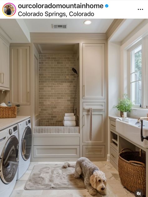 Small Utility Room With Dog Wash, Boot Room Dog Wash, Hidden Dog Wash Station, Dog Wash Station Mudroom, Laundry Dog Room Ideas, Bathroom With Dog Wash Station, Mud Room With Dog Bath And Laundry, Mudroom Laundry Room Dog Wash, Dog Mudroom Ideas