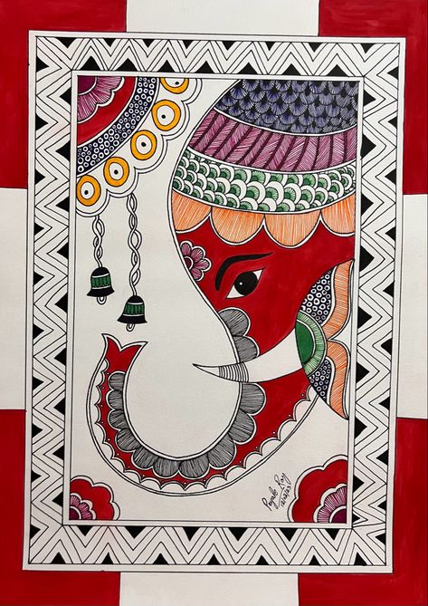 Simple Gond Painting, Madhubani Art Aesthetic, Kalamkari Drawing Easy, Drawings For School Competition, Elephant Madhubani Art, Madhubani Easy Art, Easy Gond Art, Indian Madhubani Art, Madhubani Folk Art