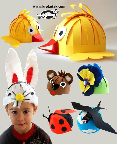 Masks (hats) for kids Paper Hats, Crazy Hat Day, Easter Hats, Crazy Hats, Paper Hat, Childrens Crafts, Animal Crafts, Craft Activities For Kids, Kids Hats