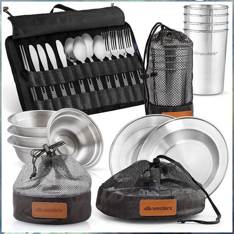 Wealers Unique Complete Messware Kit Polished Stainless Steel Dishes Set| Tableware| Dinnerware| Camping| Buffet| Includes - Mess Kit Camping, Camping Plates, Mess Kit, Mesh Bags, Premium Food, 4 People, Drawer Liner, Dish Sets, Tableware Set