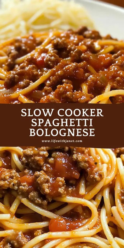 I call this 'Grandma’s Secret Sauce' because it’s so rich and flavorful, it tastes like it took hours (but it didn’t)! Famous Crockpot Recipes, Spaghetti Bolognese Crockpot, Slow Cooked Bolognese Sauce, Slow Cooker Bolognese Sauce Crockpot, Crock Pot Italian Recipes, Crock Pot Dinner Recipe, Crockpot Speggetti, Slow Cooked Pasta, Church Supper Spaghetti