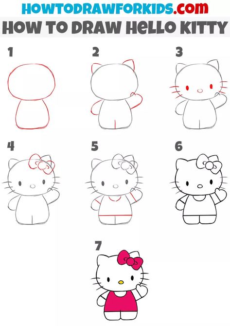 How to Draw Hello Kitty - Easy Drawing Tutorial For kids Drawing Ideas Winter, Lukisan Fesyen, Adorable Creatures, Hello Kitty Crafts, Hur Man Målar, Easy Drawing Tutorial, Hello Kitty Coloring, Drawing Tutorials For Kids, Kitty Drawing