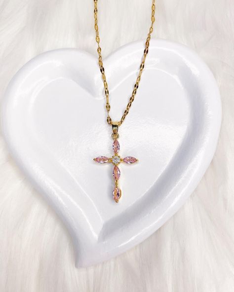 Our Princess Pink Cross Necklace 💕💕💖 •14k Gold Plated Over Stainless Steel • 18 inches in length that turns into 20 inches with extension Only @aglunajewels #princess #womenjewelry #qualityjewelry #goldfilledjewelry #orolaminado #orobañado #cutejewelry #smallbusiness Pink Cross Necklace, Come In, Necklace Princess, Pink Cross, Princess Necklace, Jewelry Dainty, Womens Jewelry, Back To, Gold Cross