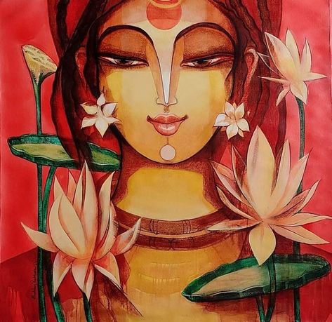 Creative Composition Painting Ideas, Lakshmi Painting, 2024 Diwali, Lakshmi Art, Bapu Bommalu, Durga Art, Painting God, Surealism Art, Whimsical Art Paintings