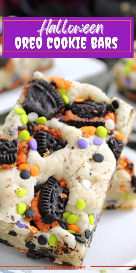 Halloween Oreo Cookie Bars are made with boxed cake mix, Halloween themed oreo cookies, and festive sprinkles to make a fun Halloween dessert or treat. The cookie bars are so easy to assemble. The perfect Halloween treat for family, friends, and Halloween parties. They travel well and are freezer friendly. Halloween Treats With Sprinkles, Halloween Cake Mix Cookie Bars, Halloween Cookies Sprinkles, Halloween Cookie Brownie, Spooky Rice Crispy Treats, Halloween Oreo Cake Bars, Halloween Magic Cookie Bars, Halloween Bars And Cookies, Bake Sale Halloween Ideas