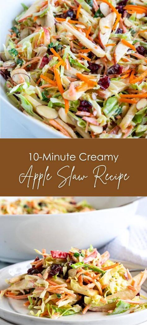 10-Minute Creamy Apple Slaw Recipe Cole Slaw Add Ins, Apple Bacon Slaw, Apple Slaw Dressing, Pasta Slaw Recipe, Pear Slaw Recipes, Asian Apple Slaw, Quick Cabbage Slaw, Apple Slaw No Mayo, Easy Fall Salads For Parties