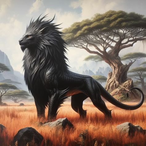 Tattoo Animal, Mythical Creatures Fantasy, Mystical Animals, Beast Creature, Black Lion, Creature Artwork, Mythical Animal, Cute Fantasy Creatures, Fantasy Beasts