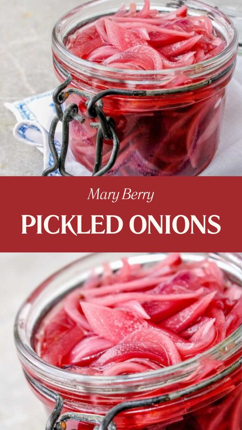 Mary Berry Pickled Onions Pickled Onions Recipe, Pickle Onions Recipe, Red Onion Recipes, Pickled Onion, Quick Pickled Onions, Mary Berry Recipe, Pickled Red Onions, Mary Berry, Onion Recipes