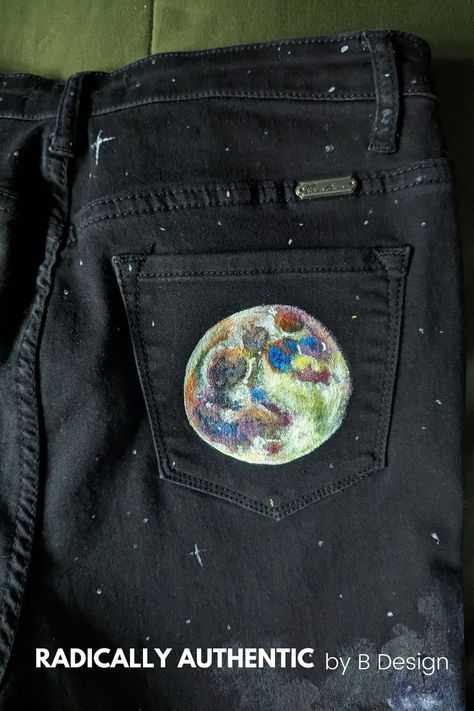 Full moon painted in bright neon colors on the back pocket of black jeans. Etsy listing is for custom painting on your own pants. Custom Painted Jeans, Galaxy Pants, Jean Pocket Designs, Jeans Custom, Moon Painting, Painted Jeans, Get What You Want, Custom Painted, Back Pocket