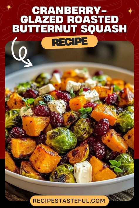 This Cranberry-Glazed Roasted Butternut Squash, Brussels Sprouts, and Sweet Potato Salad is a vibrant and flavorful dish, combining roasted vegetables with a sweet and tangy cranberry glaze. Topped with crumbled goat cheese and dried cranberries, it’s the perfect side dish for any occasion, adding both color and flavor to your meal. The earthy sweetness of the roasted vegetables pairs beautifully with the tangy glaze and creamy goat cheese Brussel Sprouts And Sweet Potato Recipe, Butternut Squash Sweet Potato Recipes, Butternut Squash Side Dish, Cranberry Glaze, Crumbled Goat Cheese, Best Broccoli Salad Recipe, Sprouting Sweet Potatoes, Butternut Squash Sweet, Roasted Fall Vegetables