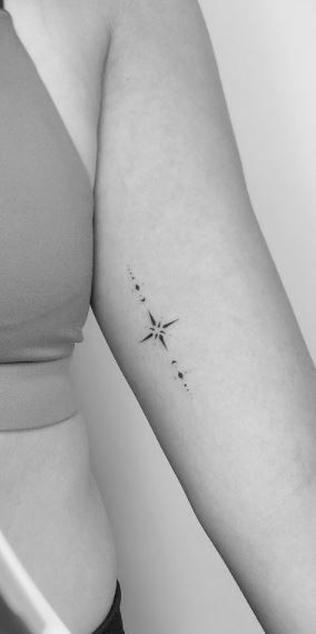 Star Delicate Tattoo, Arrow Star Tattoo, 4 Star Tattoos For Women, North Star Matching Tattoos, Simple North Star Tattoo, Delicate Stars Tattoo, Star Angel Tattoo, Small Fine Line Star Tattoo, North Star Cluster Tattoo