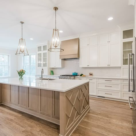 Stacked wall cabinets with oak accents.  Custom cabinets, Capital Light Fixture Company, Crossville Studios T-Square tile backsplash, KitchenAid appliances.
#angelaknightdesigns
#capitallightfixturecompany
#majesticbathcharlotte
#matthewsnckitchen
#charlottekitchendesigner Modern White Oak Kitchen, White Oak Kitchen Cabinets, Pantry Door Ideas, Kitchen Cabinets Design, Island Hood, White Oak Kitchen, Lake House Kitchen, Cabinets Design, Oak Kitchen Cabinets