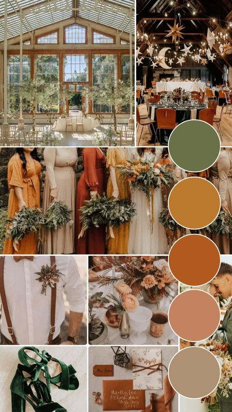 Earth Color Palette Wedding, Copper Tone Wedding, Terracotta Wedding Pallet, Earth Tone Suit Men Wedding, Earth Tone Wedding Colors Summer, October Wedding Terracotta, Harvest Wedding Colors, Terracotta And Mustard Wedding, Green Orange Color Palette Wedding