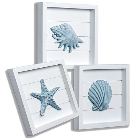 PRICES MAY VARY. [ 3D Textured Seashell Decor ] Cast open the windows and let that sea air breeze in with beautiful beach wall art. You don’t have to live by the beach to enjoy all its pleasures. This seashell decor set features three hand painted seashells: a conch shell, starfish, and a scallop in pastel blue hues. [ Seascape Accents for any room ] This beach-inspired framed wall art is perfect for any room in your home. Love a coastal cottage feel? This trio of seashells is a stunning beach b Ocean Kids Bathroom, Beach Room Decor Bedroom, Anchor Decorations, Seashell Bathroom Decor, Ocean Bathroom Decor, Mom Bathroom, Coastal Room Decor, Wall Decor For Bathroom, Blue Seashells