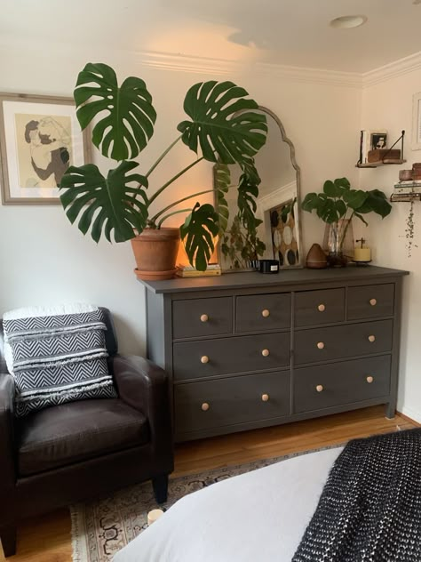 Over The Dresser Decor, Wide Dresser Decor, Plants On Dresser Decor, Dresser In Corner Of Bedroom, Dressers In Living Room Ideas, Plant On Dresser, Monstera In Bedroom, Accent Dresser In Bedroom, Dresser Room Ideas