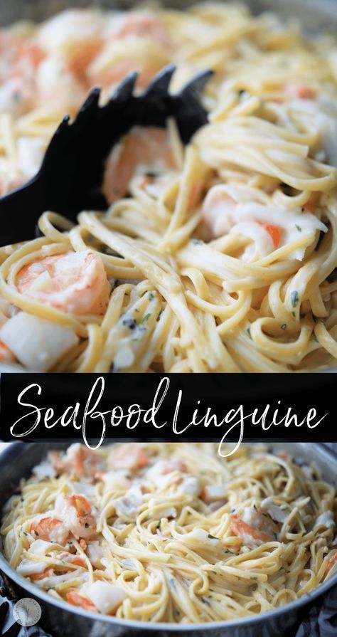 Linguine pasta tossed with fresh seafood like shrimp, sea scallops and lump crab meat in a creamy white wine alfredo sauce. Seafood Pasta Cream Sauce, Seafood Bucatini Recipes, Recipes Using Lump Crab Meat, Seafood Tetrazzini Recipes, Crockpot Seafood Alfredo, Seafood Stuffed Shells Alfredo, Scallop Alfredo Pasta Recipe, Seafood Ravioli Recipe, White Crab Meat Recipes