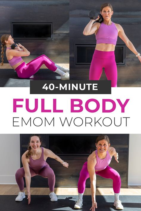 Build total body strength and raise your heart rate with this full body EMOM workout! This EMOM workout with dumbbells supersets a strength exercise with a powerful HIIT cardio exercise. Count your reps and work at your pace. 45 Minute Full Body Workout Gym, Total Body Workout Women, Combination Workout Moves, Functional Full Body Workout, Cardio Strength Workout, Emom Workout Weights, Strength Workout For Women, 45 Minute Workout, Emom Workout