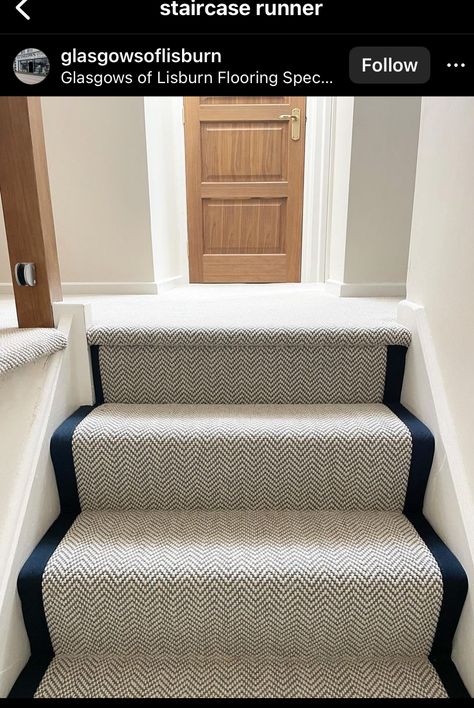 Dark Stair Carpet Ideas, Cream Runner Stairs, Light Grey Staircase, Landing Runner Carpet, Dark Carpet Light Walls, Pattern Carpet Stairs, Hall Stairs And Landing Carpet Ideas, Stair And Hallway Ideas, Fully Carpeted Staircase Ideas