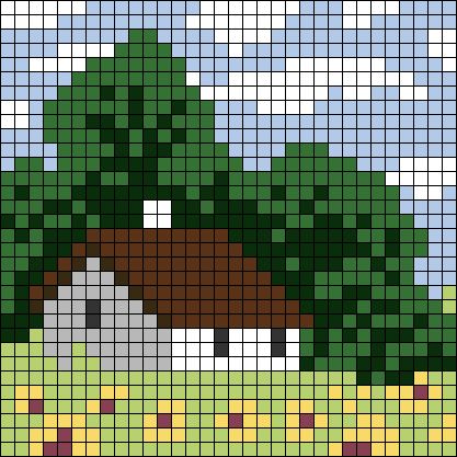 Alpha pattern #168142 | BraceletBook Pixel Art Cottagecore, 30x30 Pixel Art, Farm Pixel Art, Cottagecore Grid Pattern, House Alpha Pattern, Square Alpha Patterns, Crochet Pixel Pattern Small Easy, Pixel Art Nature, Aesthetic Pixel Art