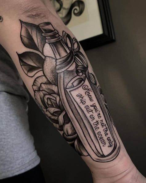 Bottled Up Tattoo, Traditional Message In A Bottle Tattoo, Message Bottle Tattoo, Message In A Bottle Tattoo, In A Bottle Tattoo, Songbird Tattoo, Letter In A Bottle, Tattooing Machines, Tattoo Design Tattoo