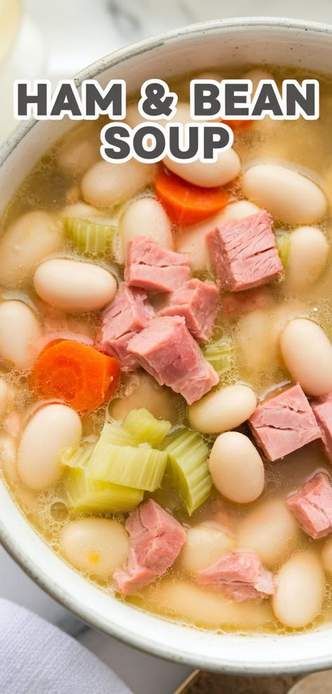 Ham and Bean Soup – Cozy up with a bowl of ham and bean soup! Filled with smoky ham, tender beans, and veggies, this soup is hearty, flavorful, and perfect for chilly days. Ham And Great Northern Bean Soup Recipes, Ham Lima Bean Soup, Ham And Lima Bean Soup Recipes, Hambone And Bean Soup, Southern Ham And Bean Soup, Bean Soup Recipes With Ham Bone, Crock Pot Ham And Bean Soup, Ham N Bean Soup, Easy Bean And Ham Soup