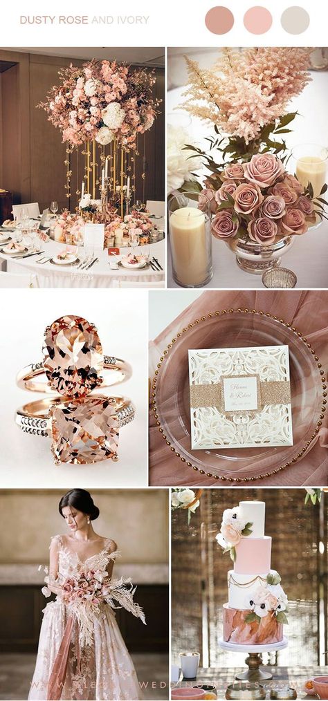 dusty rose, rose gold and ivory luxury wedding party ideas Rose Gold Color Combinations, Ivory And Rose Gold Wedding, Rose Gold Wedding Cake, Wedding Rose Gold Theme, Dusty Rose Wedding Colors, Elegant Wedding Colors, Rose Gold Wedding Decor, Rose Gold Theme, Gold Wedding Colors