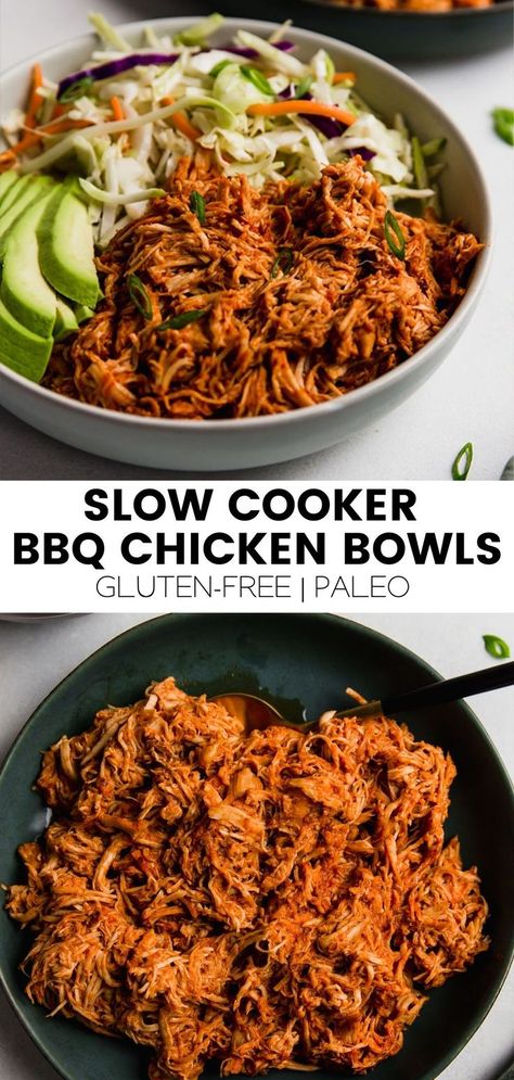 These shredded BBQ chicken bowls let the slow cooker do the heavy lifting and are made with easy no-cook sides! They’re paleo, gluten-free, and can be made AIP. Paleo Bbq Chicken Bowls, Shredded Bbq Chicken Bowl, Crockpot Meals Dairy Free Gluten Free, Healthy Shredded Bbq Chicken Crockpot, Healthy Shredded Chicken Recipes Crockpot, Paleo Meals For A Crowd, Bbq Chicken Crockpot Healthy, Bbq Chicken Bowls Whole 30, Shredded Chicken Recipes Gluten And Dairy Free