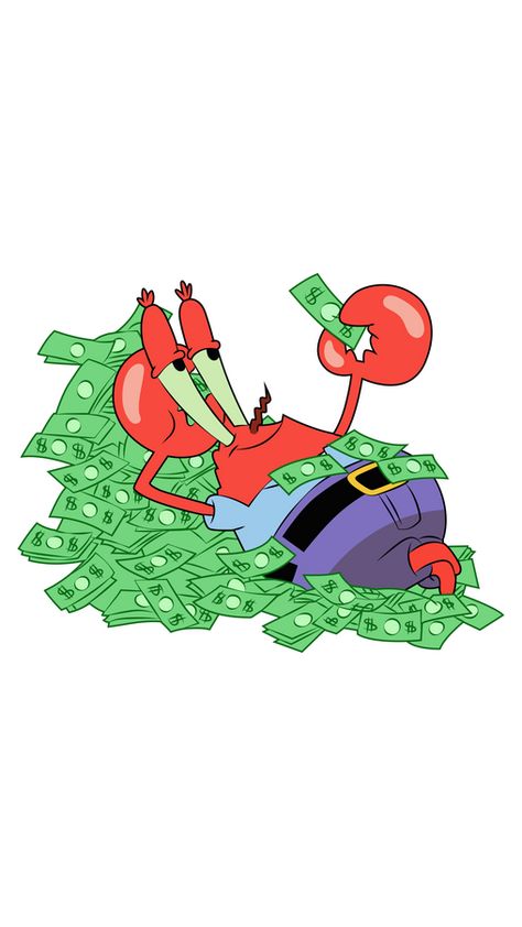 Everyone knows that Eugene Harold Krabs loves money, so I'm not surprised that we found him lying in a pile of green dollars. The cartoon SpongeBob sticker with Mr. Krabs who Lies in Money!. Give Me Money Funny, Mr Krabs Aesthetic, Get Your Money Up Not Your Funny Up, Mr Krabs Wallpaper, I Love Money Wallpaper, Cartoons With Money, Cartoon Character Stickers, Mr Krabs Money Wallpaper, Money Cartoon Wallpaper