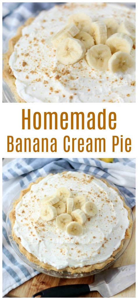 Banana cream pie is a classic dessert. Made with homemade custard and fresh bananas in a pre-baked buttermilk crust. I'll show you how to make banana cream pie the old fashioned way! Banana Cream Pie Recipe With Meringue, Banana Pies Recipes, Bababa Cream Pie, Martha Stewart Banana Cream Pie, Old Fashion Banana Cream Pie Recipe, Banana Cream Pie For Two, Ways To Use Old Bananas, The Best Banana Cream Pie Recipe, Pie Banana Cream