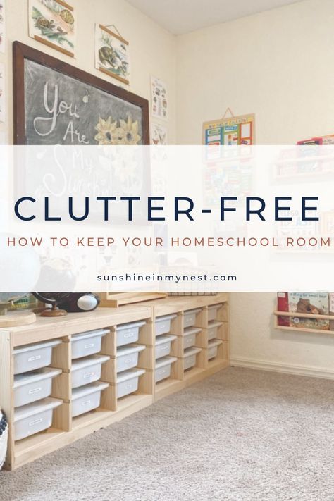 I’ve always loved the idea of living with less. Before we had kids I thought I might like to clean houses after hours for extra money. I had my first client interview and realized it was the wrong job for me… Home Preschool Room Setup, Small Space Homeschool Room, Preschool Homeschool Room, Organize Homeschool Supplies, Homeschool Classroom Setup, School Room Organization, Homeschool Classroom Decor, Homeschool Room Decor, Homeschool Room Design