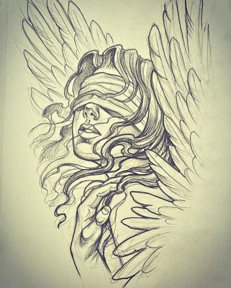 blindfolded angel Guardian Angel Tattoo, Kunst Tattoos, Wing Tattoo Designs, Angel Wings Tattoo, Angel Tattoo Designs, Angel Drawing, Tattoo Sketch, Desenho Tattoo, Wings Tattoo