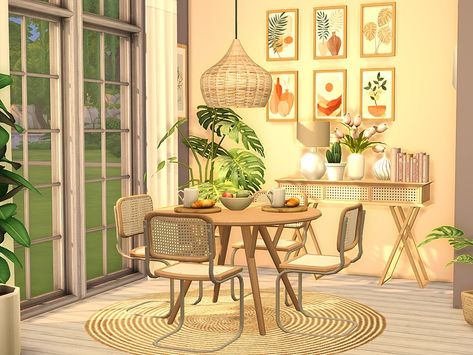 here is a sunny dining room for your Sims Found in TSR Category 'Sims 4 Diningrooms' Tiny House Living Room, Bohemian Dining Room, Boho Dining Room, Apartment Dining Room, Sims 4 Bedroom, Bohemian Furniture, Boho Furniture, Sims House Design, Sims 4 Cc Furniture