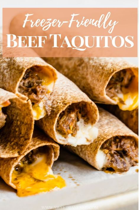 his easy Mexican dinner recipe for freezer-friendly Shredded Beef and Cheese Taquitos is kid-friendly and perfect for weeknights! #homemadetaquitos #healthyMexican #easyMexicanrecipe | www.sweetcayenne.com Beef And Cheese Taquitos, Easy Mexican Dinner, Cheese Taquitos, Homemade Taquitos, Beef Taquitos, Beef Freezer Meals, Freezer Meal Recipes, Vegetarian Freezer Meals, Best Freezer Meals