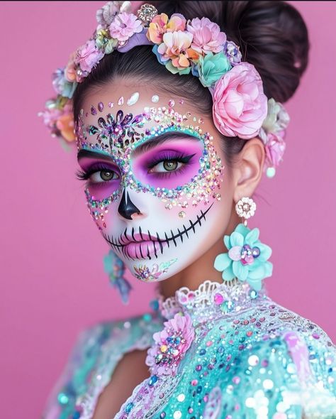 Sugar Skull Makeup Easy, Candy Skull Makeup, Catrina Makeup, Muertos Makeup, Beautiful Halloween Makeup, Halloween Makeup Sugar Skull, Dead Makeup, Amazing Halloween Makeup, Sugar Skull Makeup