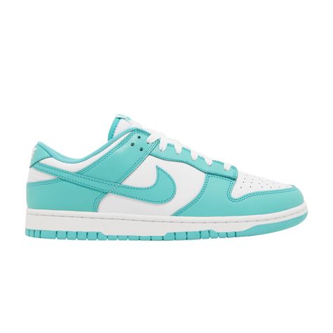 Find NIKE Dunk Low 'clear Jade on Editorialist. The Nike Dunk Low ‘Clear Jade’ makes use of a smooth leather upper, featuring a pristine white base with emerald green overlays and a color-matched Swoosh. A woven Nike tag decorates the breathable nylon tongue, while an embroidered Nike wordmark graces the back tab. The sneaker rests on a durable rubber cupsole, fitted with an interior foam wedge for lightweight cushioning. Teal Dunks Outfit, Clear Jade Dunks, Teal Nike Dunks, Bape Shoes, Dunks Outfit, Teal Nikes, Embroidered Nike, Pretty Shoes Sneakers, Cute Nike Shoes