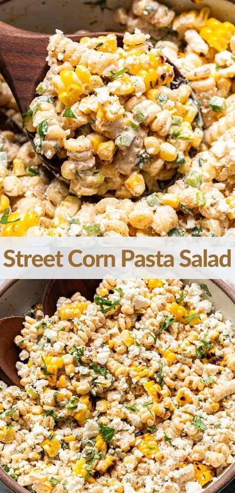 Mexican Street Corn Pasta Salad Creamy Street Corn Pasta Salad, Grilled Corn Pasta Salad, Sides That Go With Pasta Dishes, Street Corn Pasta Salad Recipes, Pasta Free Pasta Salad, Elite Corn Pasta Salad, Zucchini Corn Pasta Salad, Mexican Sweet Corn Pasta Salad, Summer Camping Dinner Ideas