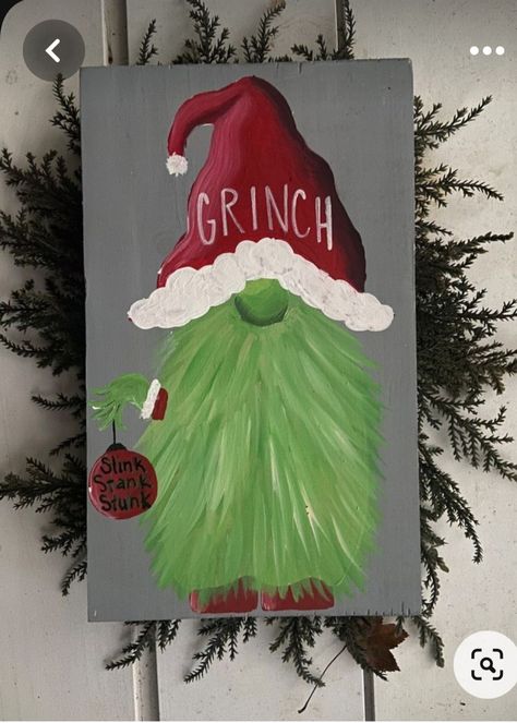 Grinch Gnome Painting, Simple Gnome Painting, Gnome Wood Sign, Gnomes Painting, Grinch Painting, Gnome Paintings, Grinch Gnome, Gnome Painting, Grinch Stuff