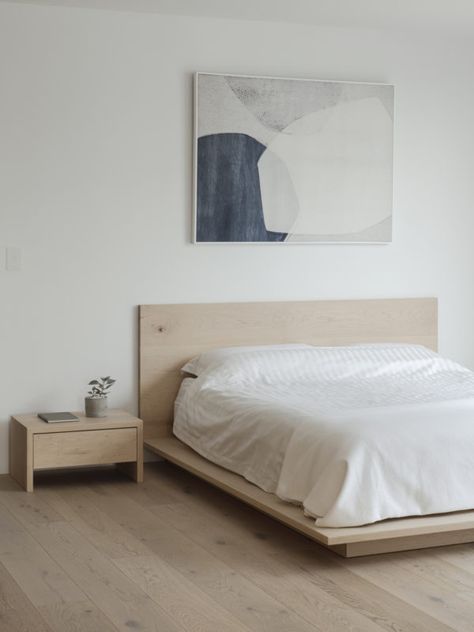 A Warm and Tactile Apartment Reinvention by studioplusthree | est living Floor Beds, Oak Floorboards, Bed Wooden, Est Living, Minimalist Apartment, White Bed, Timber Furniture, Design Magazine, Timber Flooring