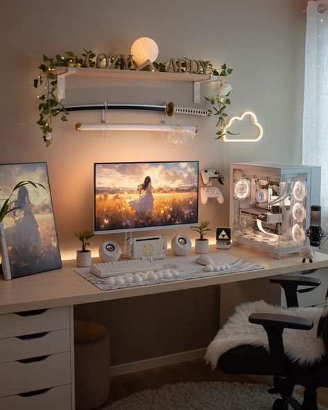 Art Desk Aesthetic Inspiration, Minimalist Setup Desks, L Shaped Desk Bedroom Layout, Cute Gaming Setup Aesthetic, Two Monitor Gaming Setup, Preppy Gaming Setup, Pc Room Ideas, Desk Ideas Corner, Big Desk Ideas